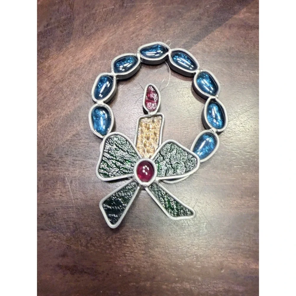 Vintage Leaded Glass Stain Glass Wreath with Candle christmas